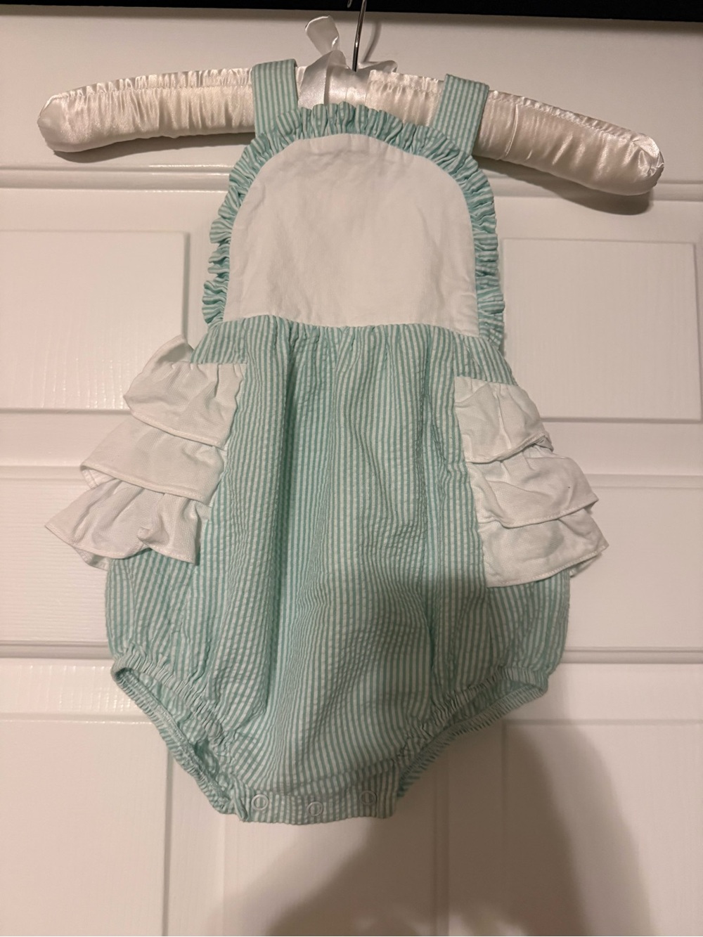 Ricrac & Ruffles Mint Green Seersucker Ruffle Bubble 12M